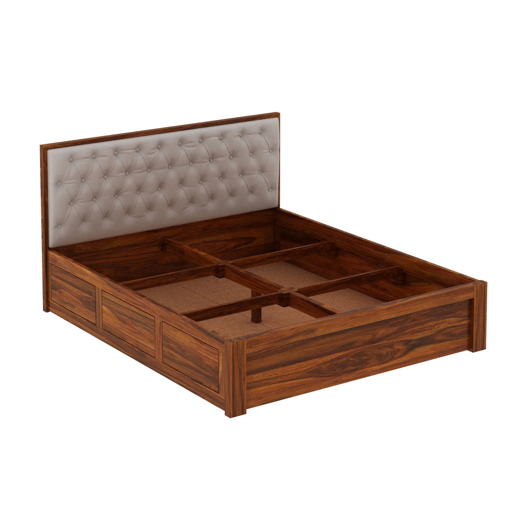 Decan Solid Sheesham Wood Bed with Box Storage and Upholstery Headboard - 3 Years Warranty