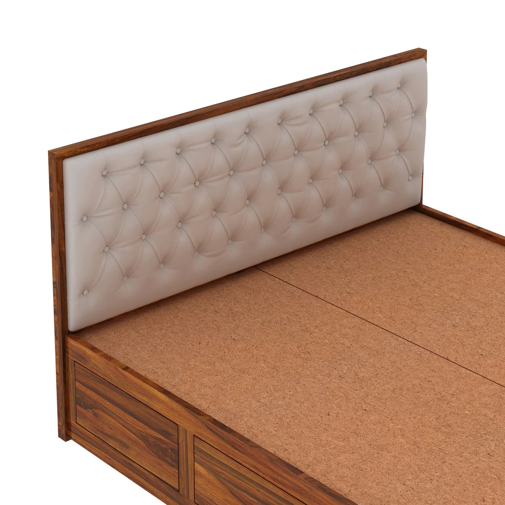Decan Solid Sheesham Wood Bed with Box Storage and Upholstery Headboard - 3 Years Warranty