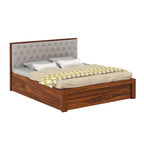Decan Solid Sheesham Wood Bed with Box Storage and Upholstery Headboard - 3 Years Warranty
