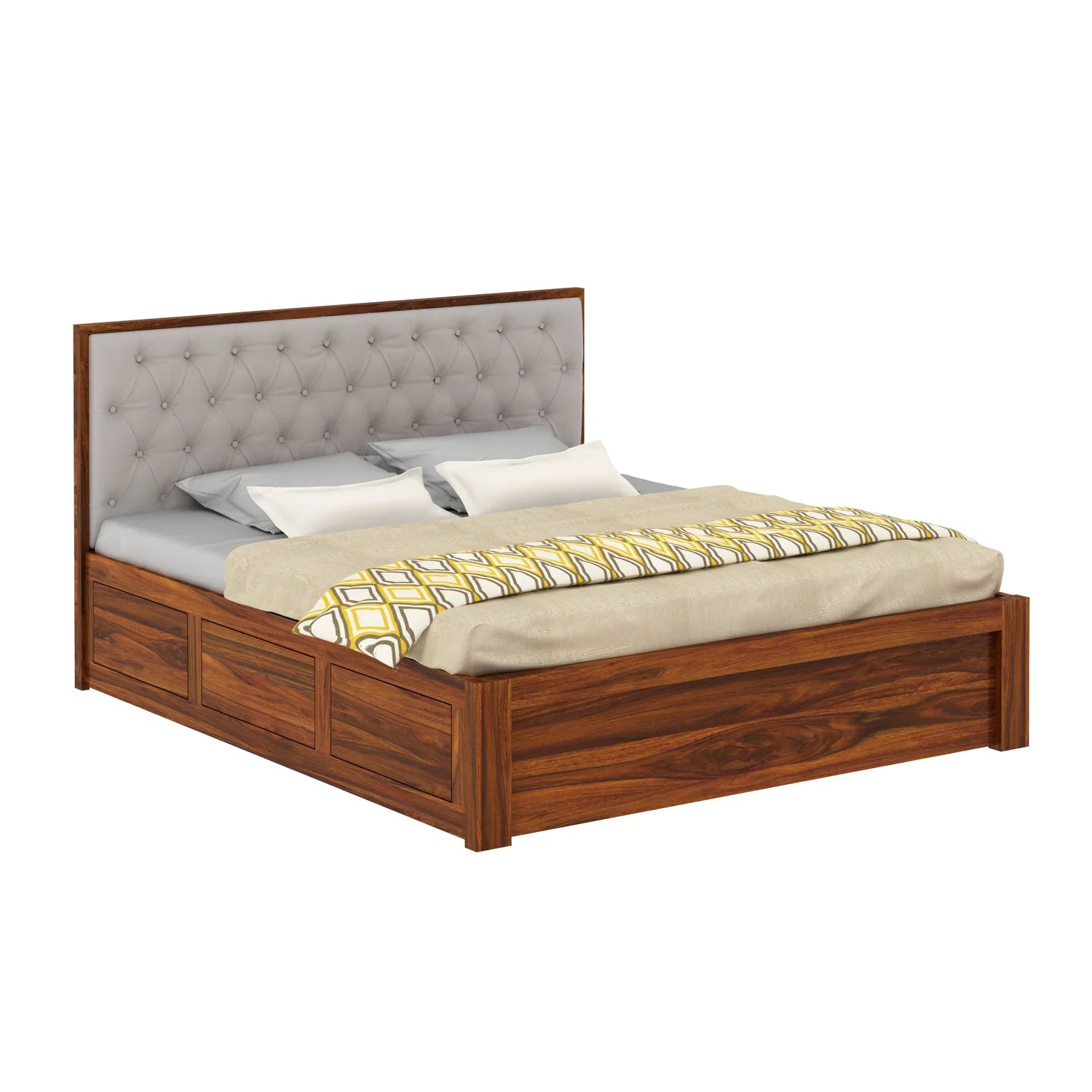 Decan Solid Sheesham Wood Bed with Box Storage and Upholstery Headboard - 3 Years Warranty