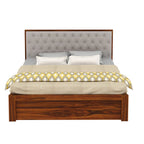 Decan Solid Sheesham Wood Bed with Box Storage and Upholstery Headboard - 3 Years Warranty