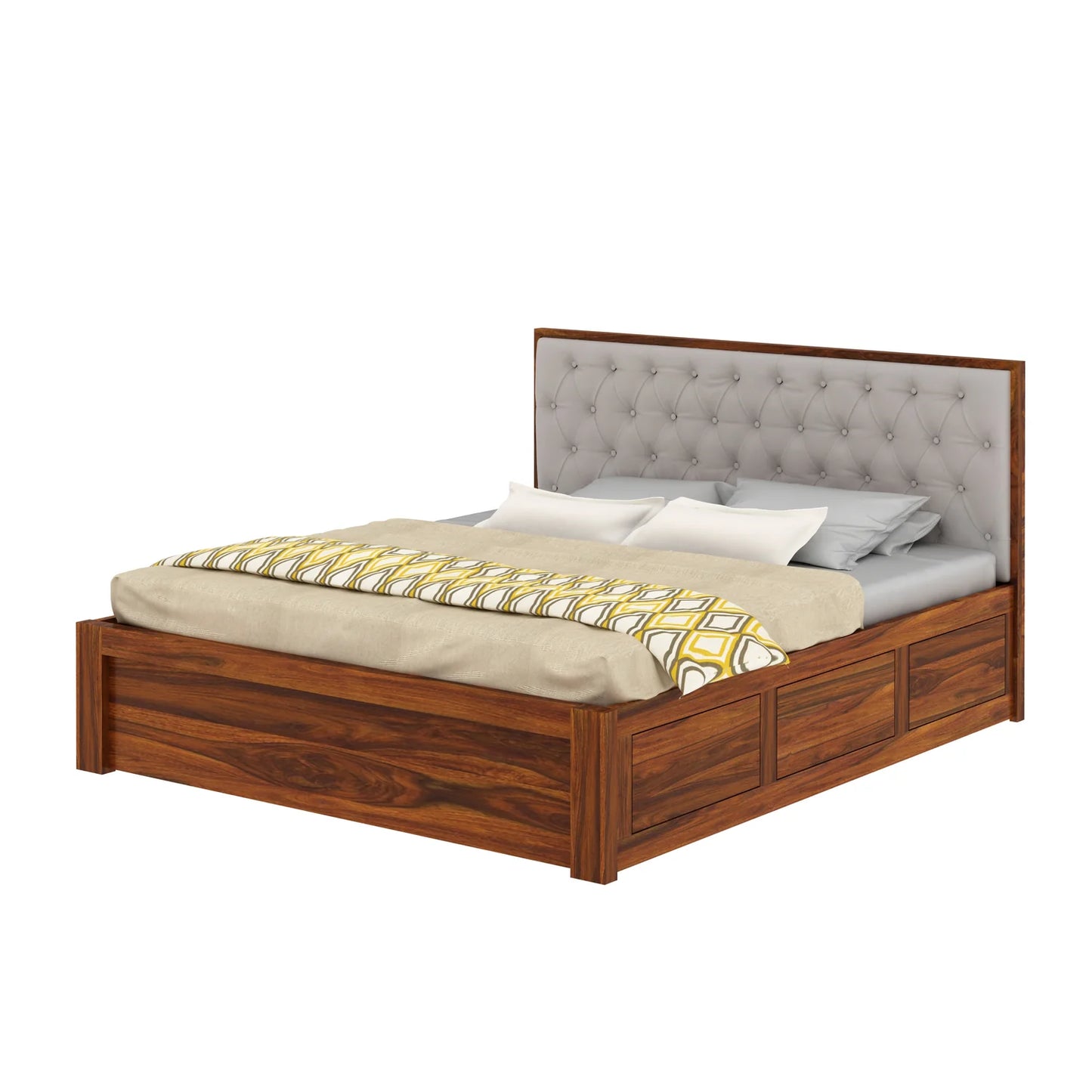 Decan Sheesham Bed With Box Storage And Upholstery Headboard - 3 Years Warranty