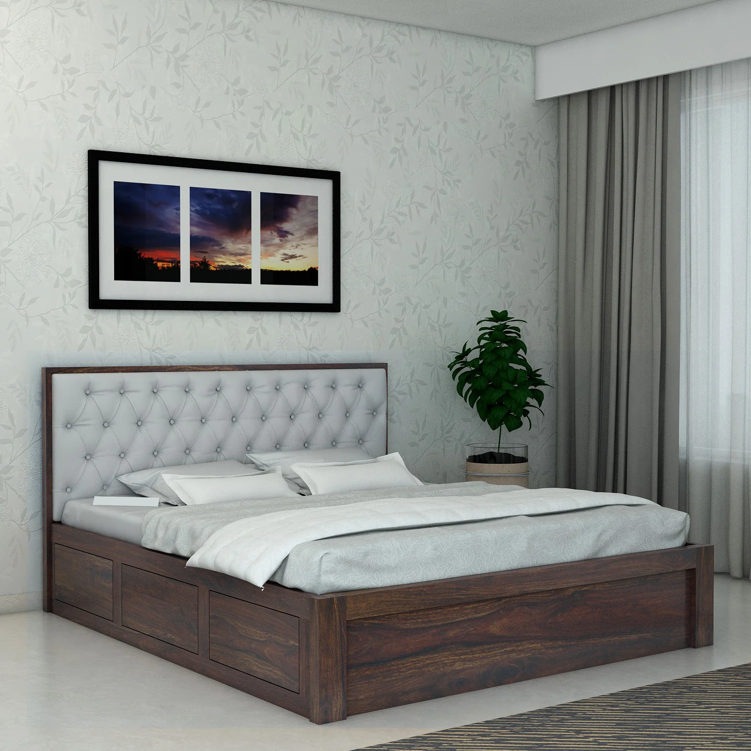 Decan Solid Sheesham Wood Bed with Box Storage and Upholstery Headboard - 3 Years Warranty