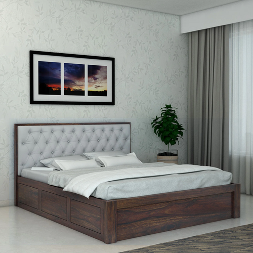 {"alt" => "Decan Solid Sheesham Wood Bed with Box Storage and Upholstery Headboard - 3 Years Warranty"}
