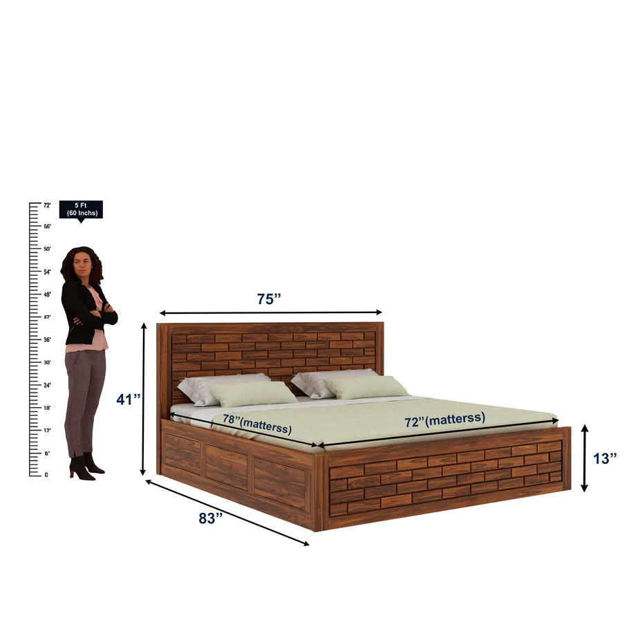 Vezzo Solid Sheesham Wood Bed with Box Storage FULL Headboard - 3 Years Warranty