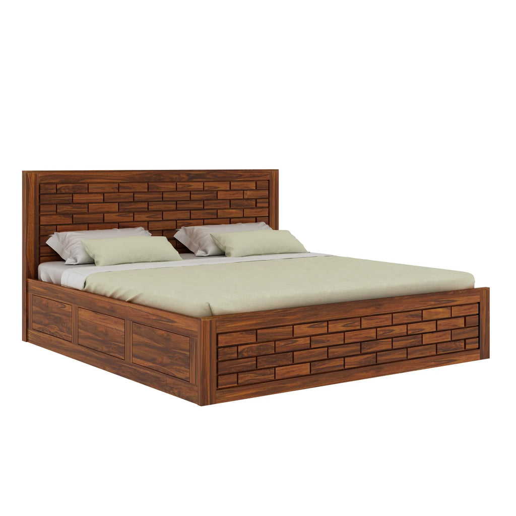 Vezzo Solid Sheesham Wood Bed with Box Storage FULL Headboard - 3 Years Warranty