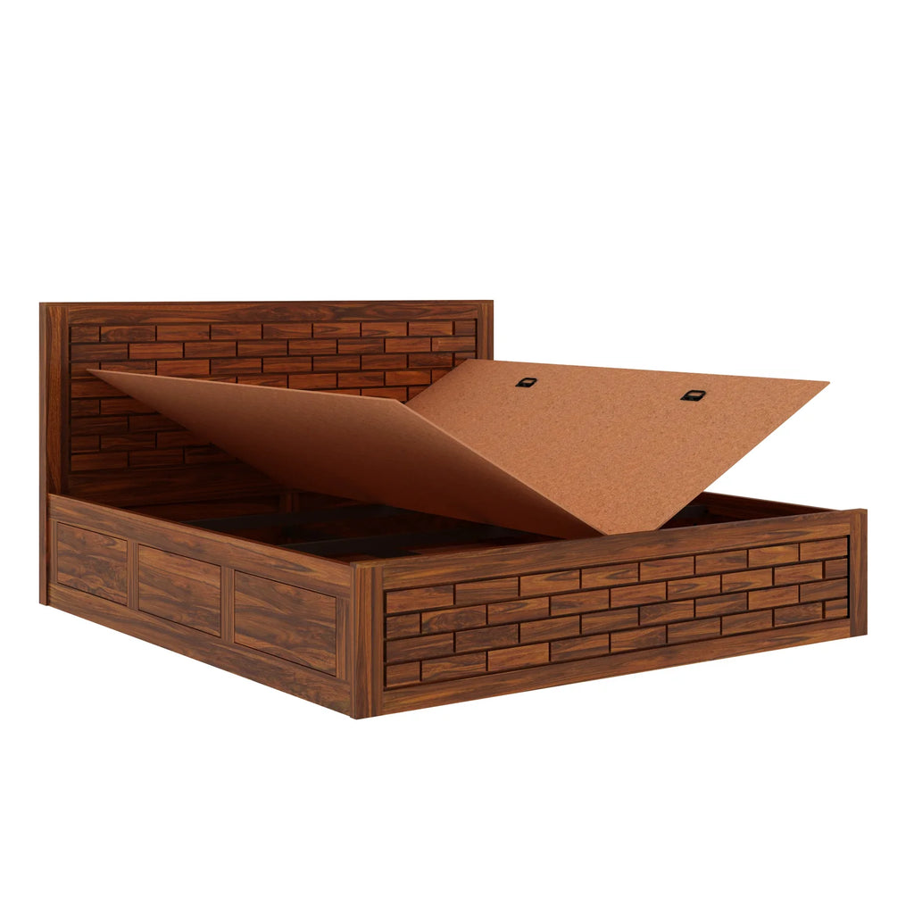 Vezzo Solid Sheesham Wood Bed with Box Storage FULL Headboard - 3 Years Warranty