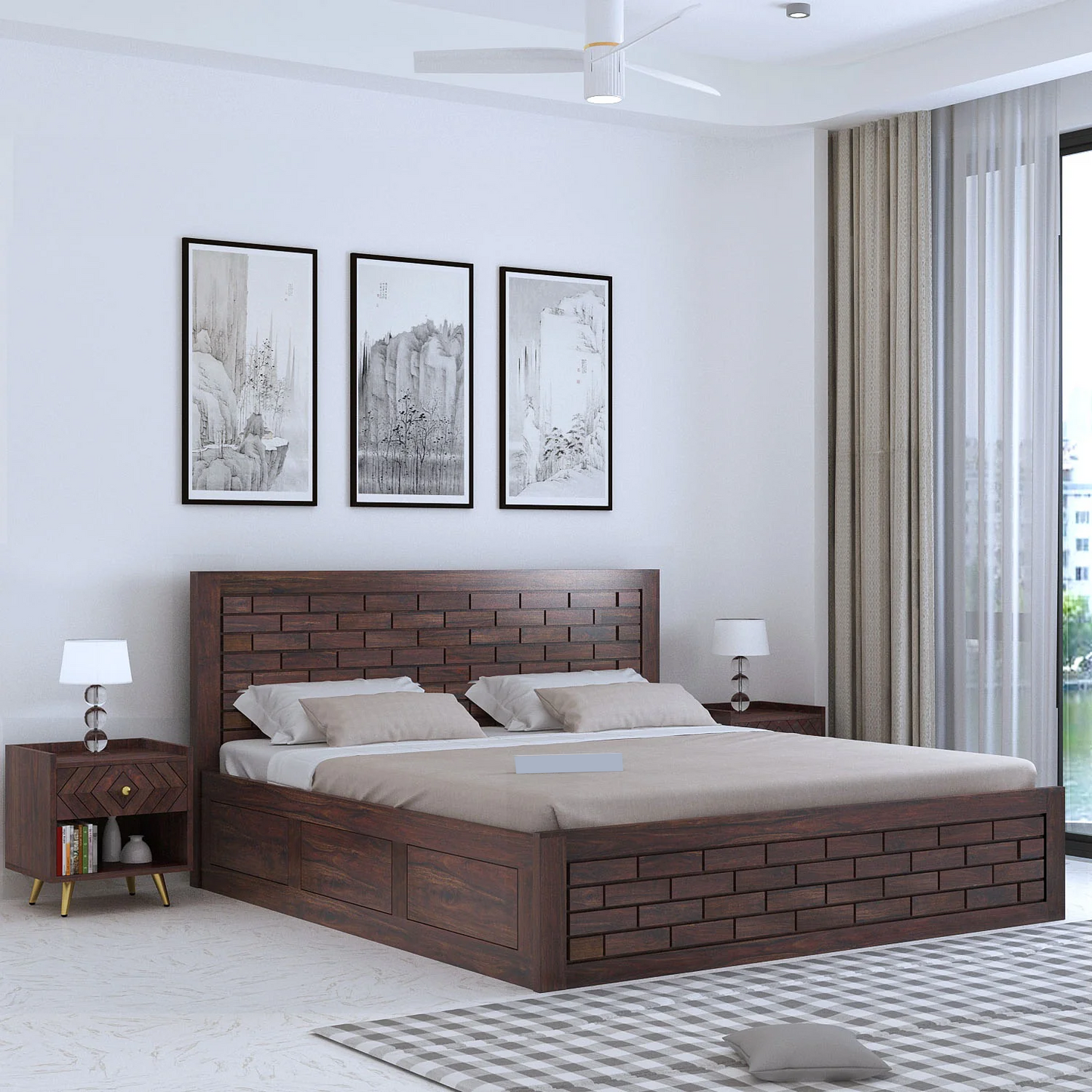 Vezzo Sheesham Bed With Box Storage Full Headboard - 3 Years Warranty