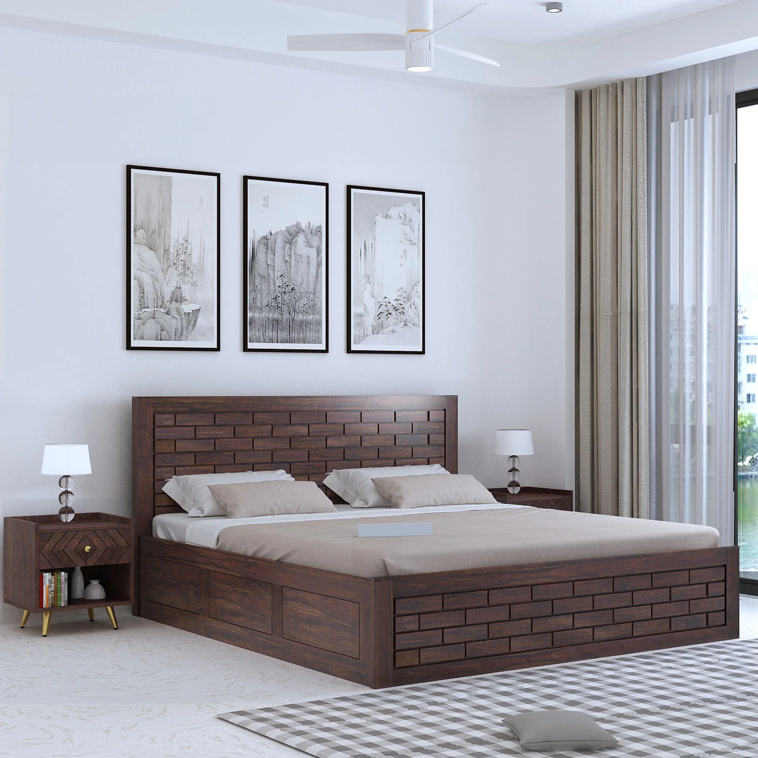 Vezzo Solid Sheesham Wood Bed with Box Storage FULL Headboard - 3 Years Warranty
