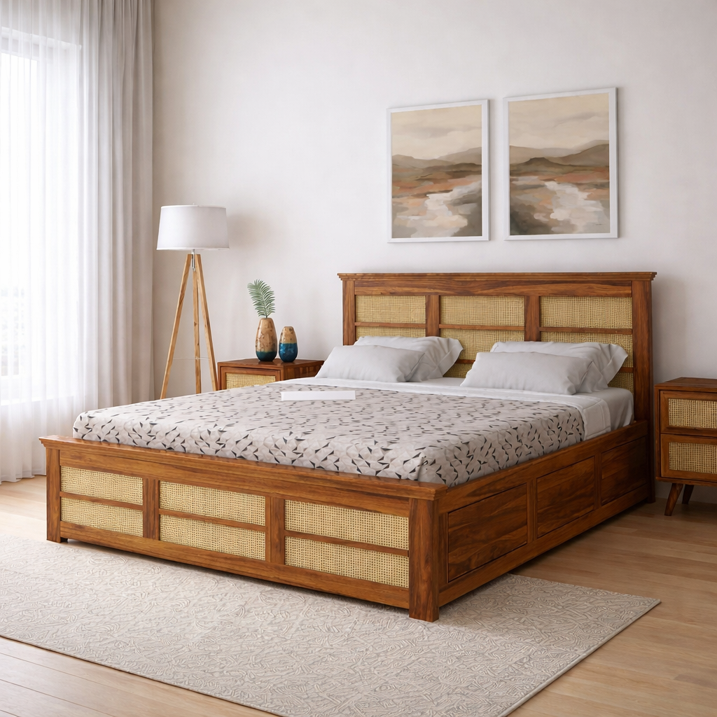 Cayden Sheesham Cane Bed With Box Storage Bed - 3 Years Warranty