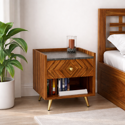 Crest Sheesham Bedside With Granite Top And Storage - 3 Years Warranty