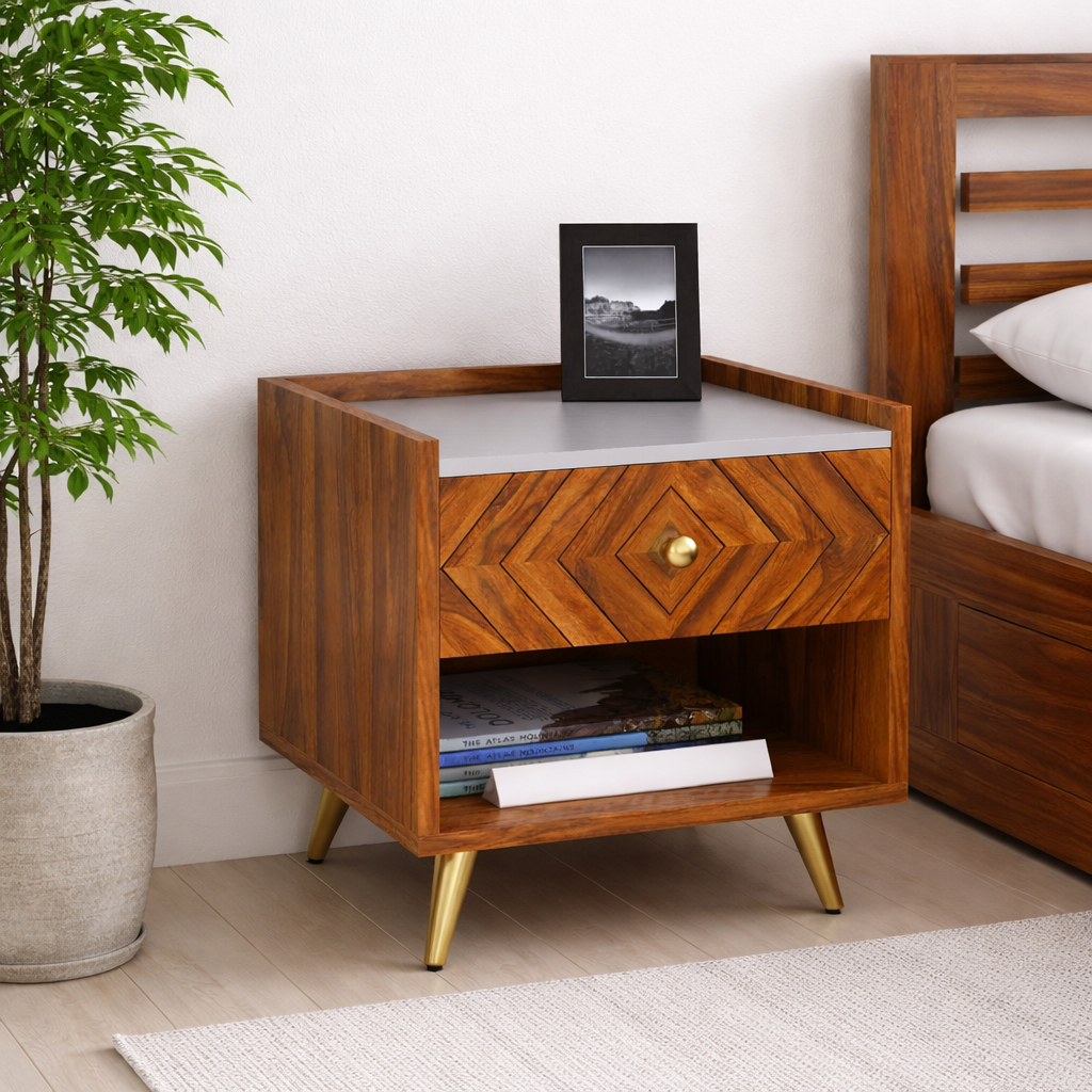 Crest Sheesham Bedside With Gray Top And Storage - 3 Years Warranty