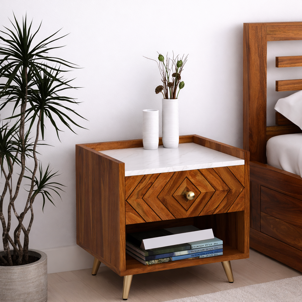 Crest Sheesham Bedside With Marble Top And Storage - 3 Years Warranty