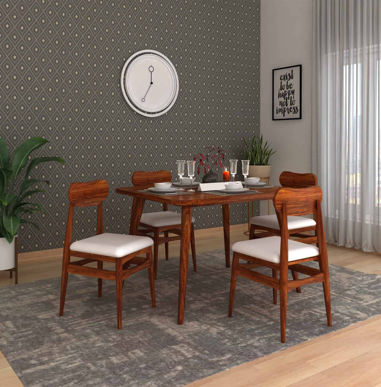 WoodCraft Oval Solid Sheesham Wood 4 Seater Dining Table Set - 3 Years Warranty