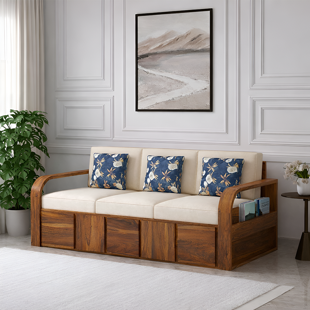 Rjart Scott Sheesham 3 Seater Sofa With Side Pockets - 3 Years Warranty