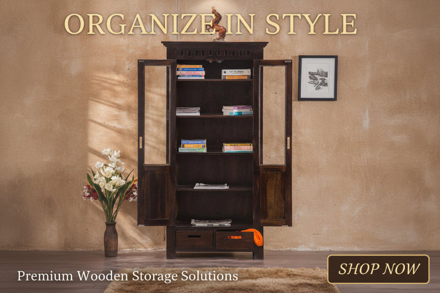 Wooden bookshelf with open doors displaying books and decor against a beige wall.