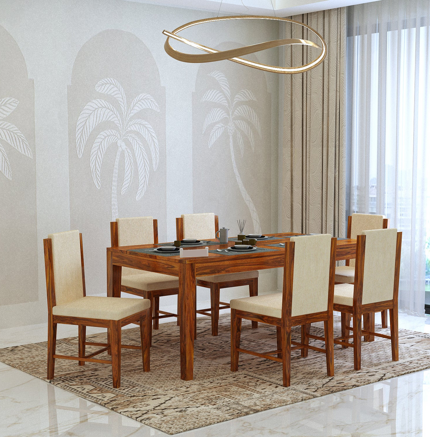 Aurevo Sheesham 6 Seater Dining Set With Upholstered Chairs- 3 Years Warranty