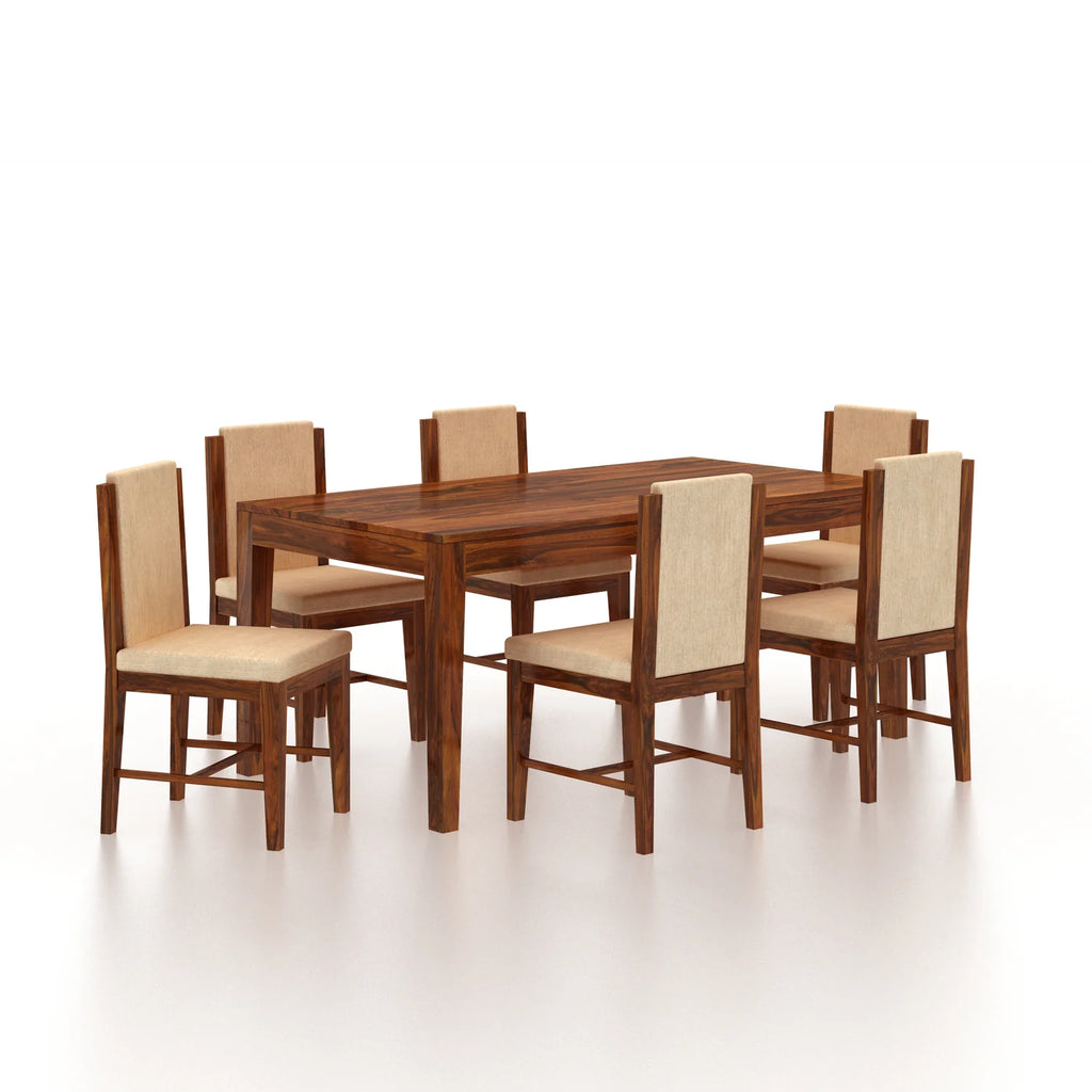 Aurevo Solid Sheesham Wood 6 Seater Dining Table Set With Upholstered Chairs- 3 Years Warranty