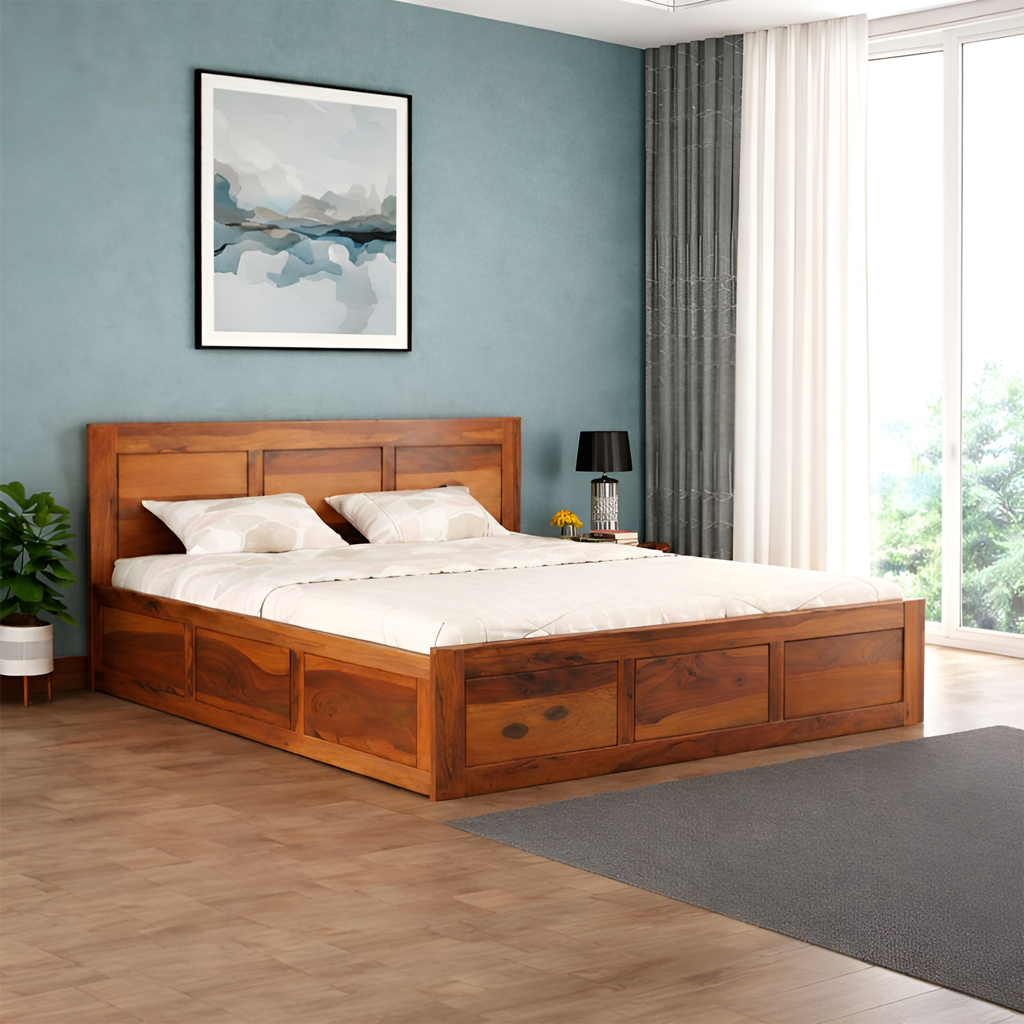 Wood Storage Bed | Double Bed Cot Bed With Box Storage For Bedroom | Sheesham