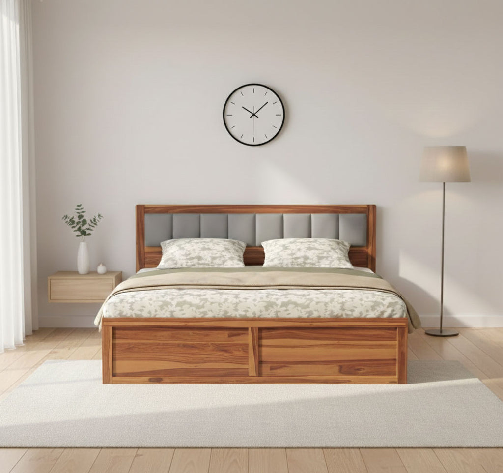 Double Bed Cot Bed With Box Storage & Upholstered Cushioned Headboard For Bedroom | Sheesham