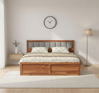 Double Bed Cot Bed With Box Storage & Upholstered Cushioned Headboard For Bedroom | Sheesham
