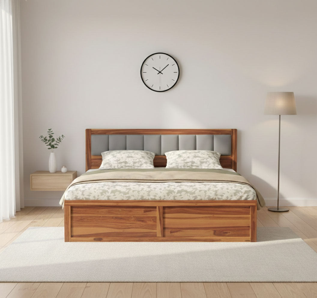 Double Bed Cot Bed With Box Storage & Upholstered Cushioned Headboard For Bedroom | Sheesham