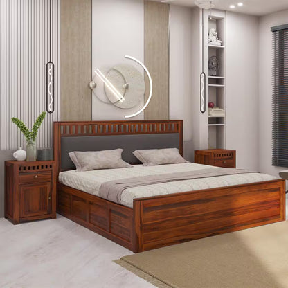 Rjart Sheesham Solid Wood Bed In Hydraulic Storage Bed In Honey Oak Finish