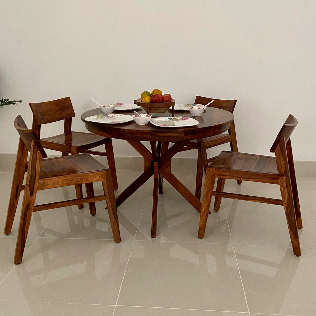 WoodCraft Solid Sheesham Wood 4 Seater Dining Table Set - 3 Years Warranty