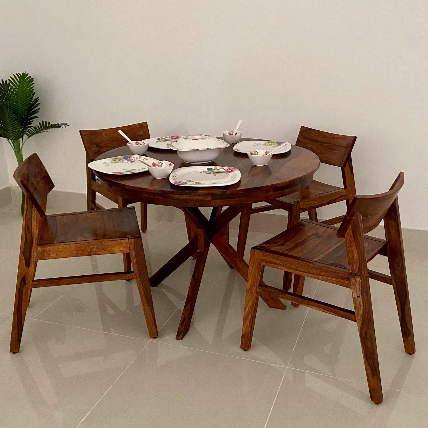 WoodCraft Solid Sheesham Wood 4 Seater Dining Table Set - 3 Years Warranty