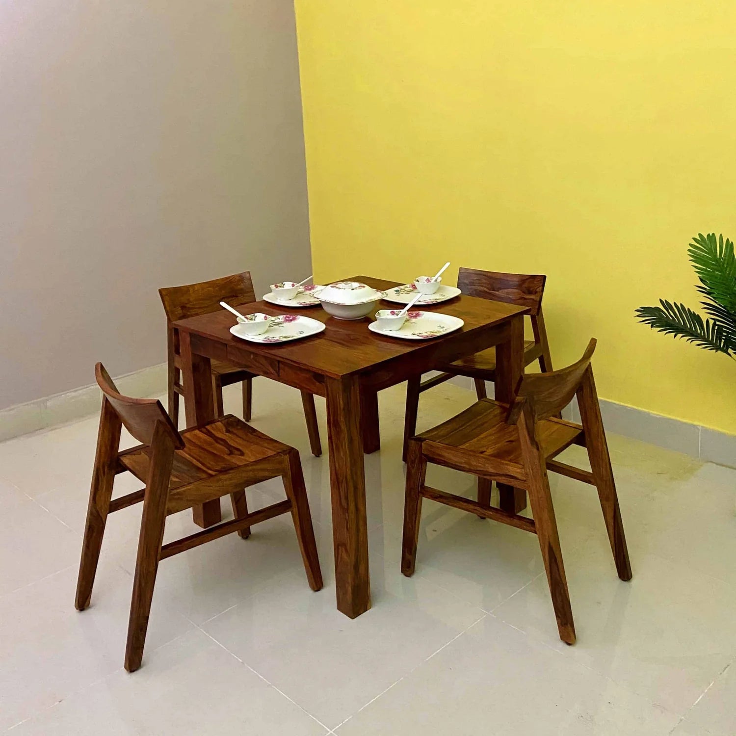 Sevilla Solid Sheesham Wood Square 4 Seater Dining Set - 3 Years Warranty