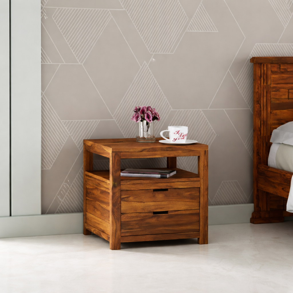 Kyron Sheesham Bedside Table With Two Drawer Storage -3 Years Warrantyx