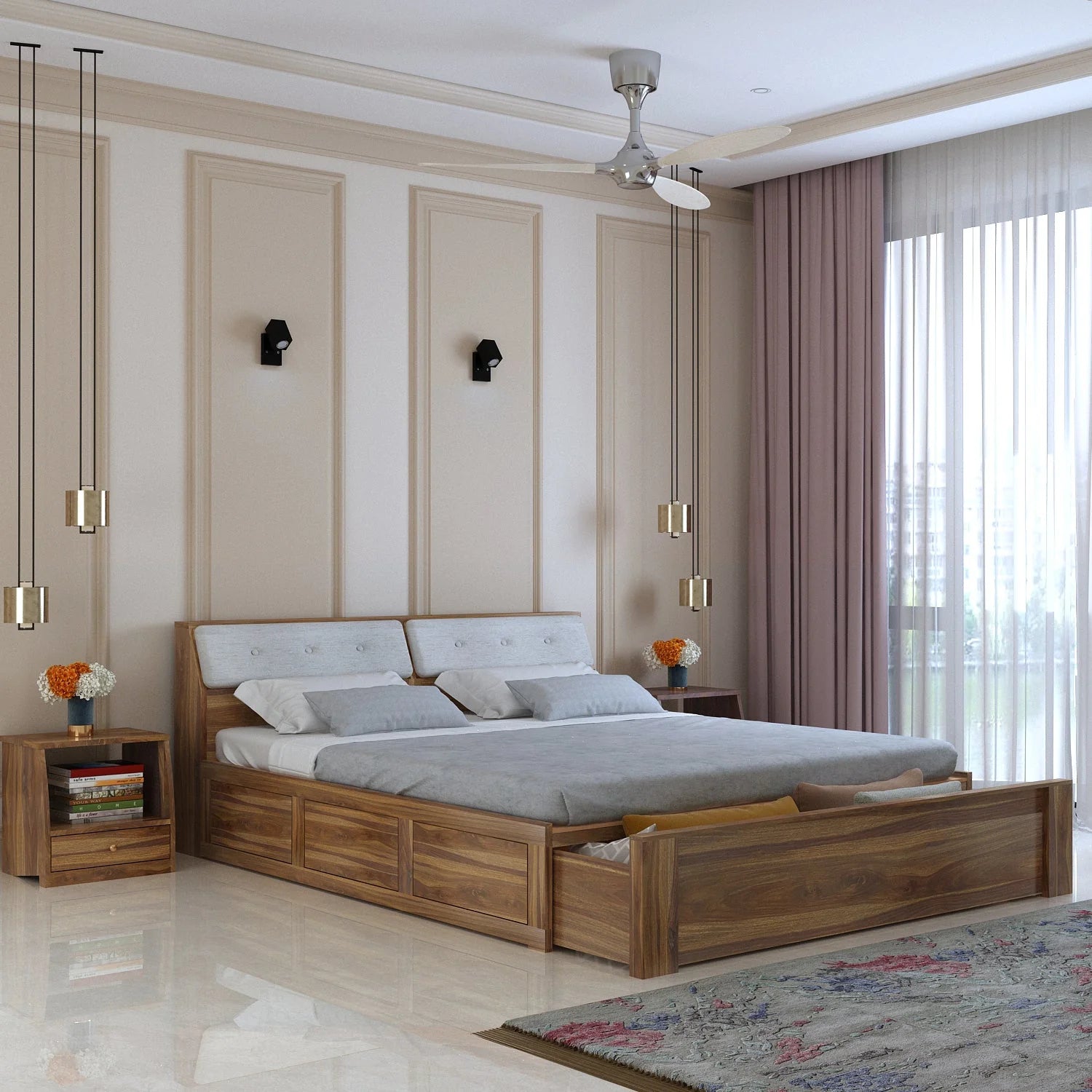 Sevilla Solid Sheesham Wood Bed With Half Box and Trolly Storage - 3 years Warranty
