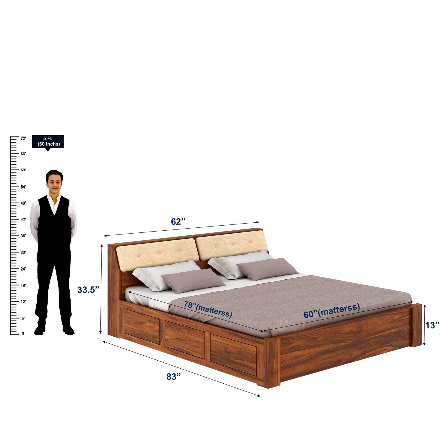 Sevilla Solid Sheesham Wood Bed With Half Box and Trolly Storage - 3 years Warranty