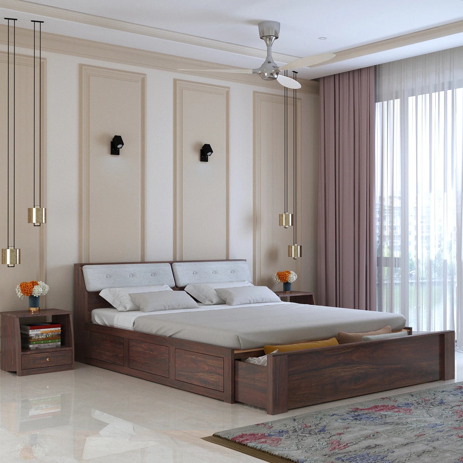 Sevilla Solid Sheesham Wood Bed With Half Box and Trolly Storage - 3 years Warranty