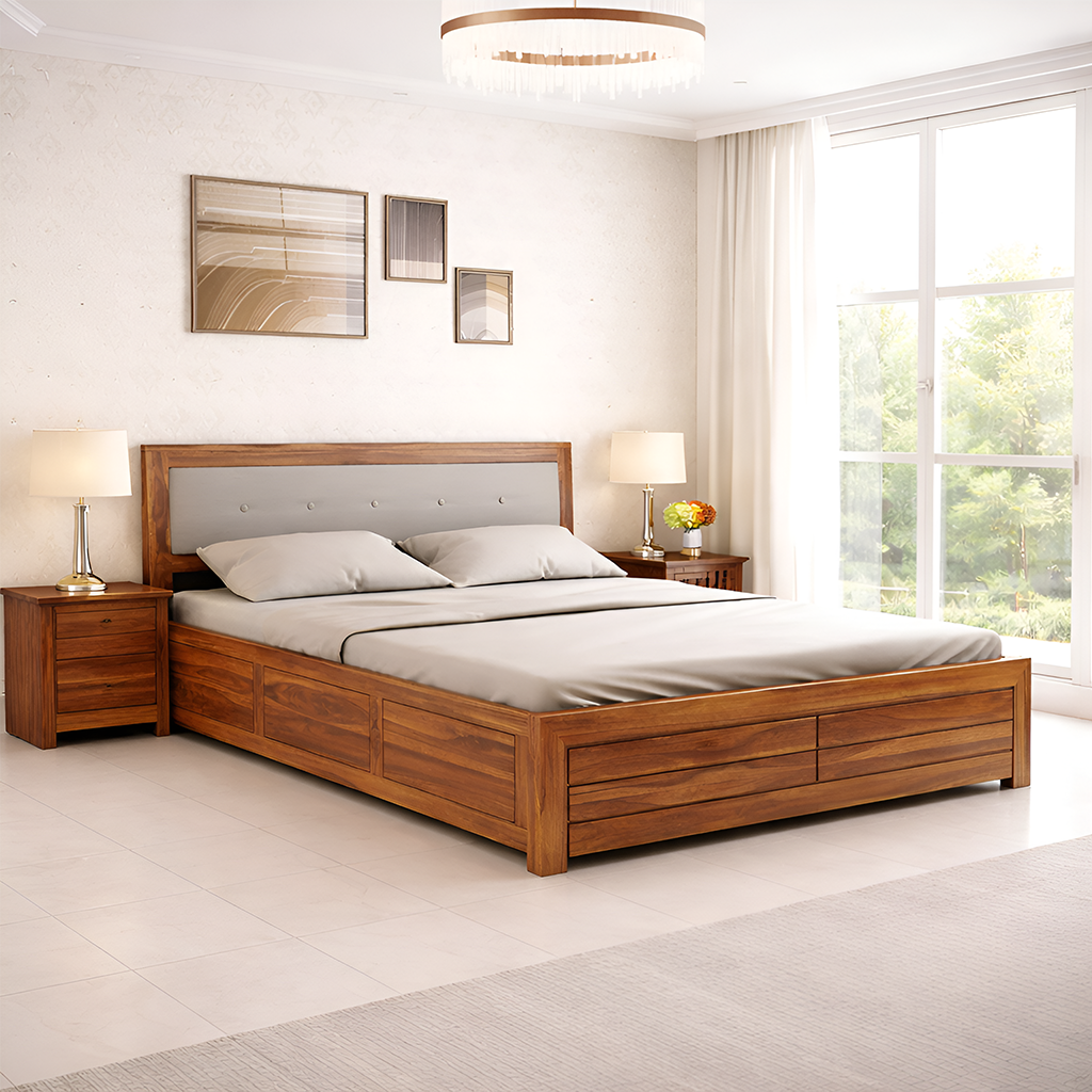 Narin Sheesham Bed With Box Storage And Upholstery Headboard - 3 Years Warranty