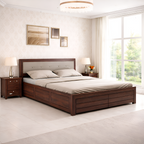 Narin Sheesham Bed With Box Storage And Upholstery Headboard - 3 Years Warranty