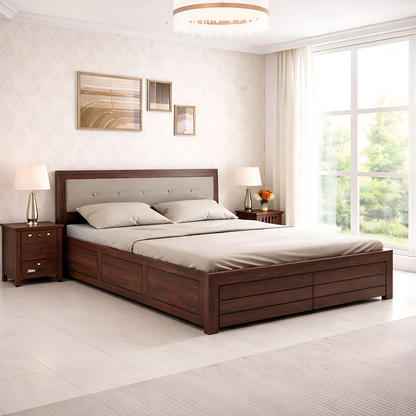 Narin Sheesham Bed With Box Storage And Upholstery Headboard - 3 Years Warranty