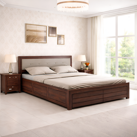 Narin Sheesham Bed With Box Storage And Upholstery Headboard - 3 Years Warranty