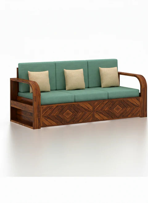 Rjart Wave Sheesham 3 Seater Sofa With Side Pockets - 3 Years Warranty