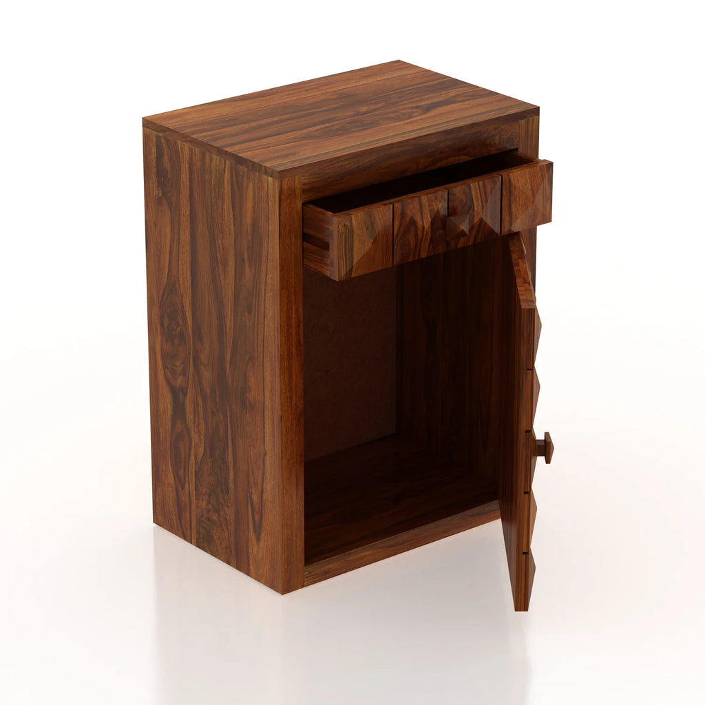 Treso Solid Sheesham Wood Bedside With Drawer and Door Storage - 3 Years Warranty