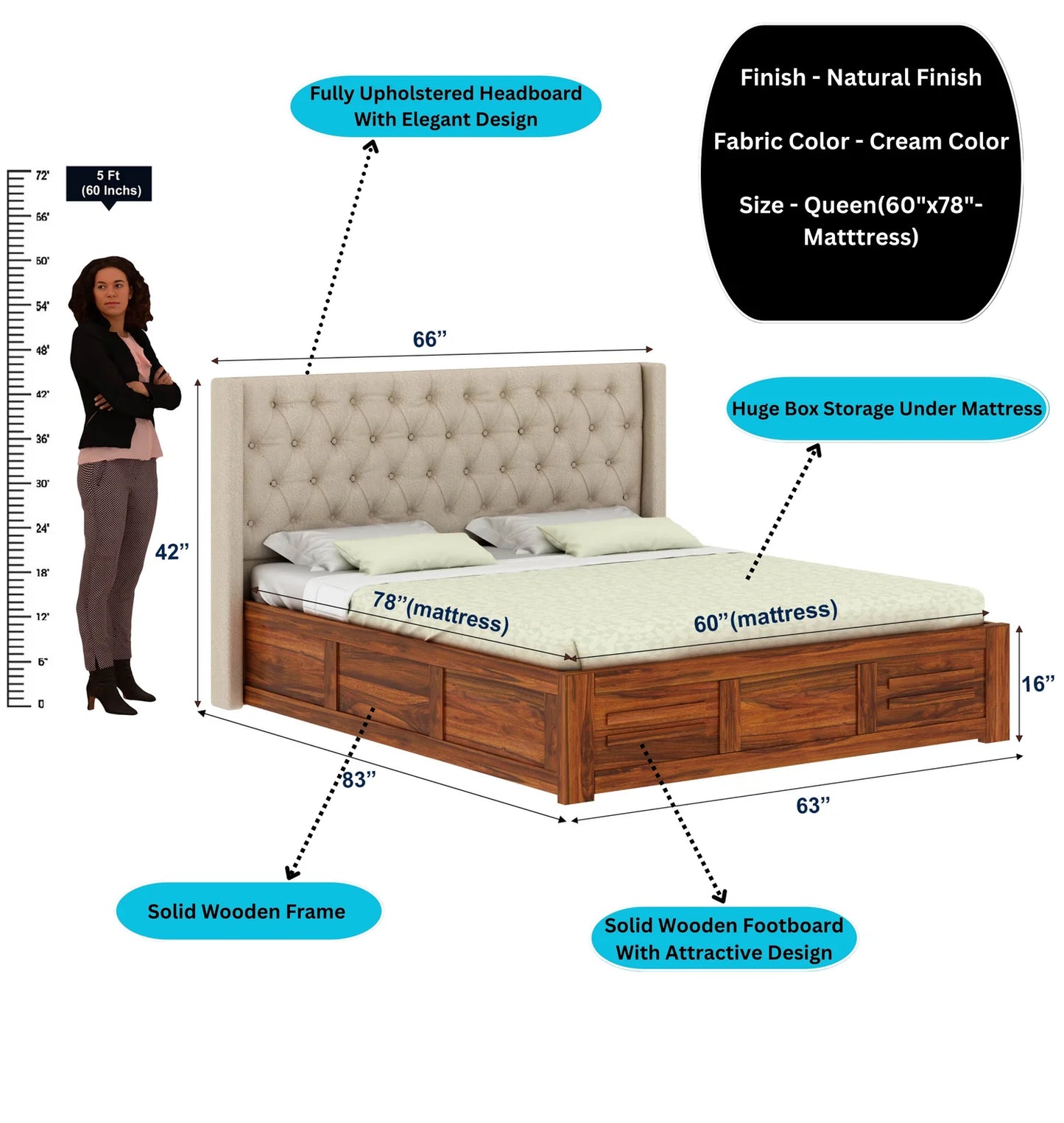 Oslen Sheesham Bed With Box Storage & Fabrio Style Upholstered Headboard-3 Years Warranty(Luxe Edition)