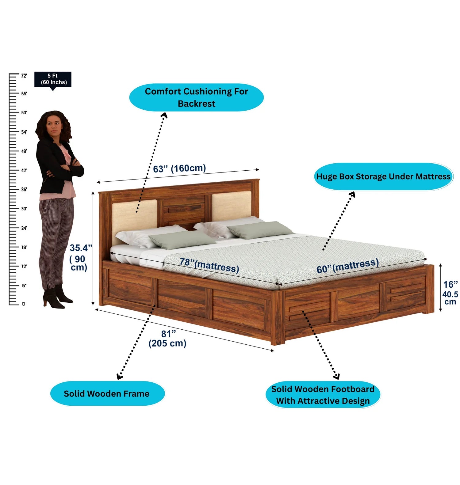Oslen Solid Sheesham Wood Box Storage Bed With Upholstered Backrest - 3 years Warranty