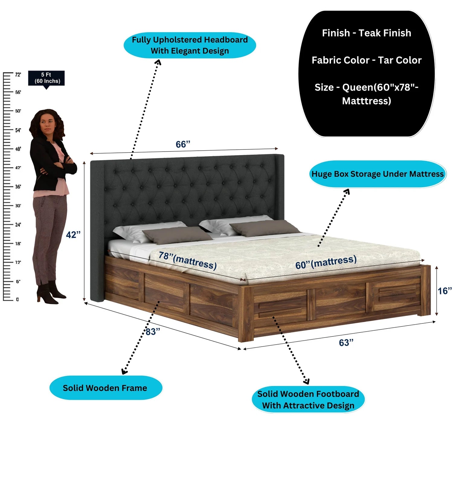 Oslen Solid Sheesham Wood Bed With Box Storage & Fabrio Style Upholstered Headboard-3 years Warranty(LUXE EDITION)