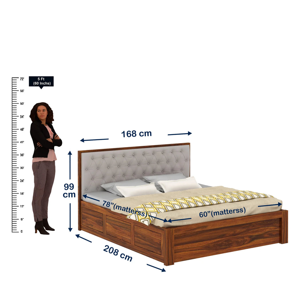 Decan Solid Sheesham Wood Bed with Box Storage and Upholstery Headboard - 3 Years Warranty