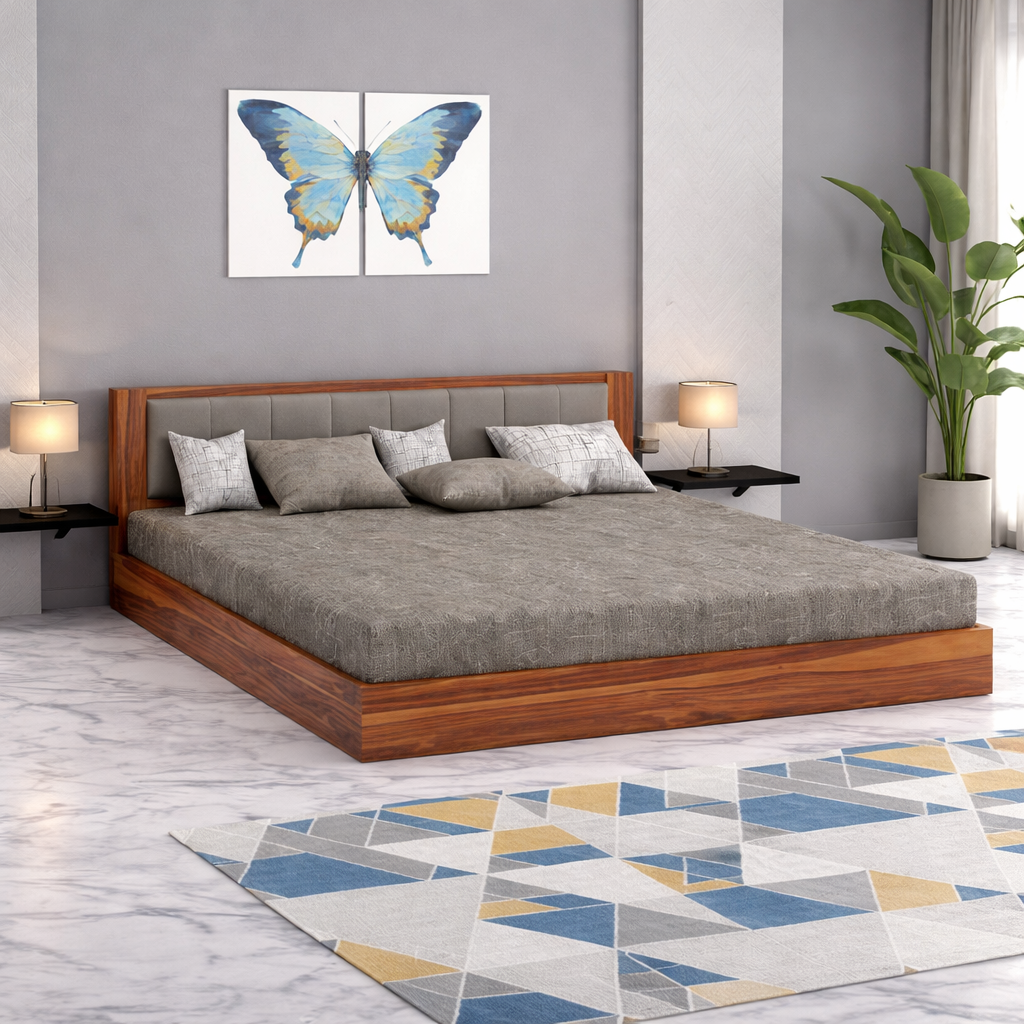 Sheesham Queen Size Bed Without Storage For Bedroom Living Room Wood Double Bed Cot Palang With Cushion Headboard Home Furniture