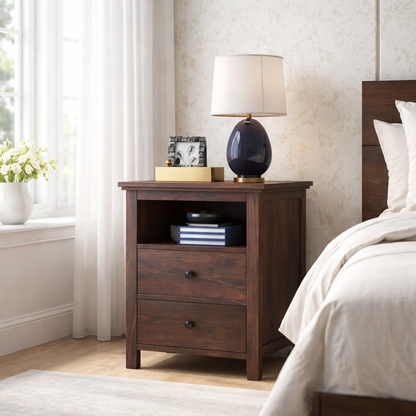 Twyft Sheesham Bedside Table With Two Drawer Storage -3 Years Warranty