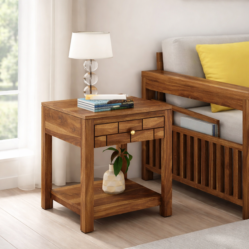 Vezzo Sheesham Side Table With One Drawer - 3 Years Warranty
