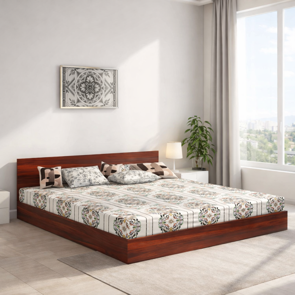 Wood Low Height Bed Without Storage | Wood Platform Double Bed | Basic Headboard