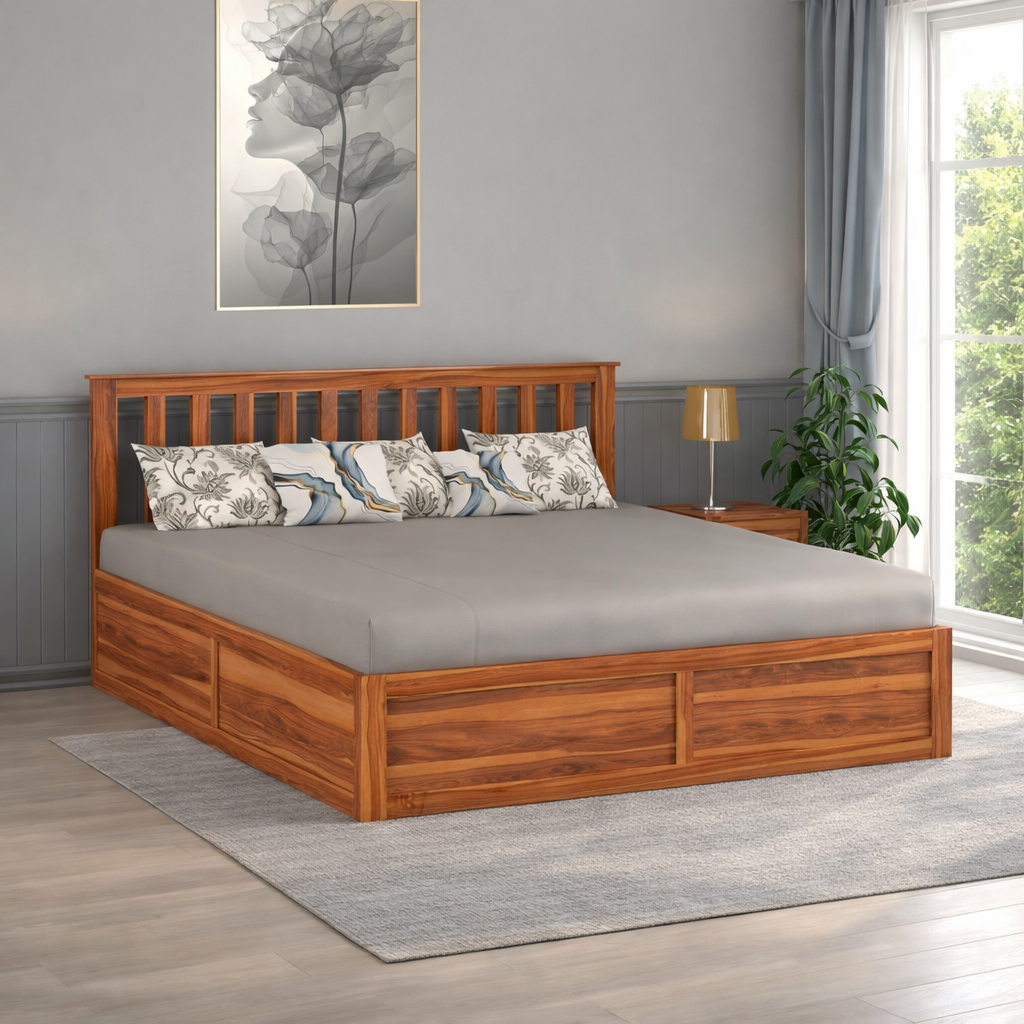 Sheesham Storage Bed | Solid Wood Box Storage Bed | Wood Double Bed Cot With Storage Box For Bedroom