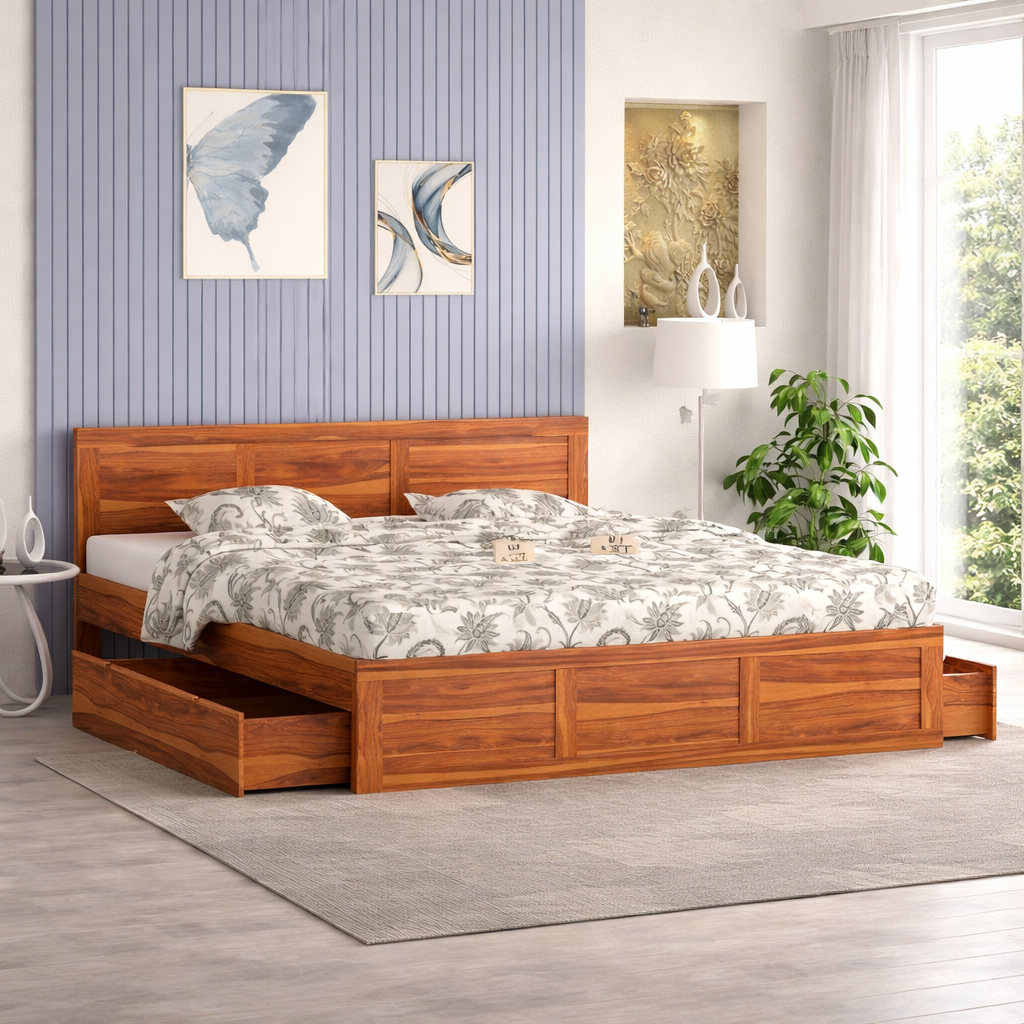 Sheesham Storage Bed | Solid Wood Pullout Storage Bed | Wood Double Bed Cot With 2 Drawers For Bedroom